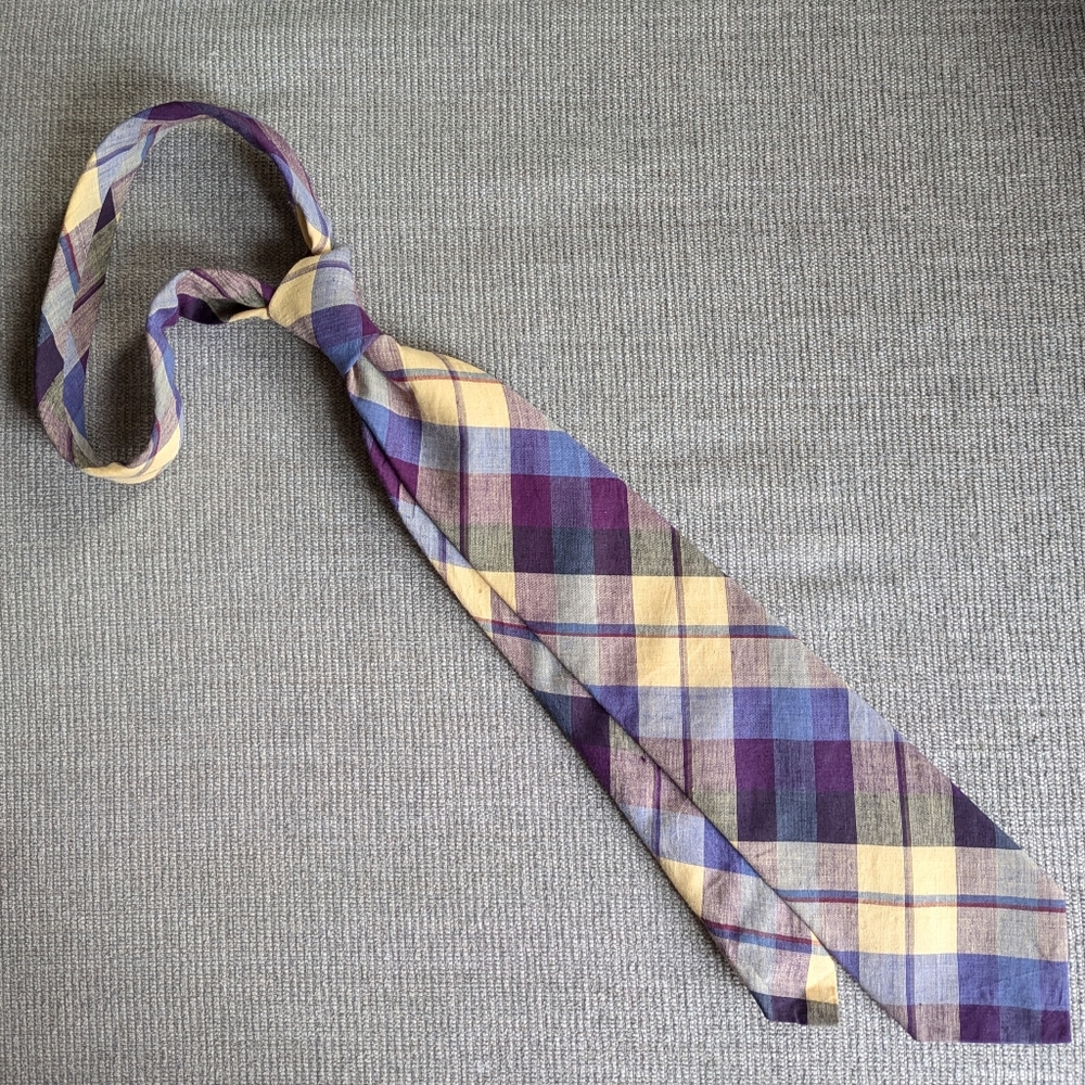 Robert Talbott plaid cotton tie in purple, soft yellow, and blue